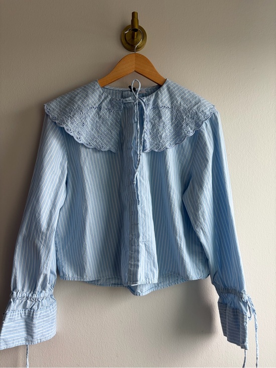 H&M Tops - H&M Light Blue and White Striped Blouse with Eyelet Collar